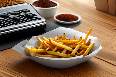 French fries in a paper box on a wooden table. 3d rendering