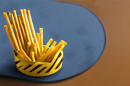 French fries in basket on brown background. 3d render illustration.の写真素材