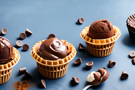 Chocolate ice cream in a waffle cup. toning. selective focusの写真素材