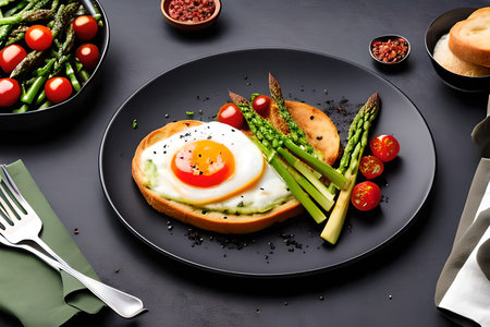 Healthy breakfast with fried egg, asparagus, tomatoes and breadの写真素材