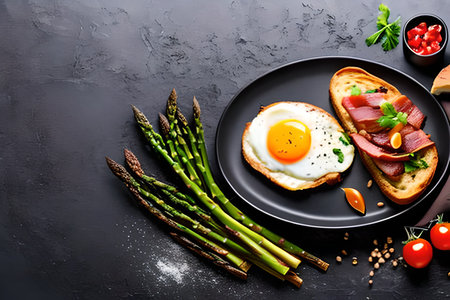 Fried egg with bacon, asparagus and cherry tomatoes on black background. Top view, flat layの写真素材