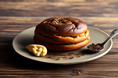 Bun with chocolate chips and butter on a plate on a wooden background