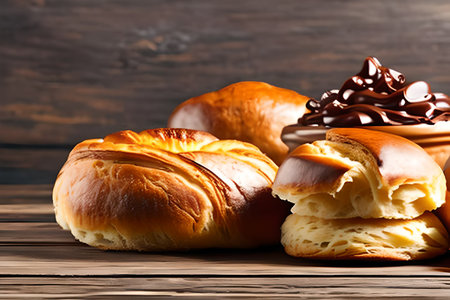 Freshly baked buns with chocolate on wooden table, closeupの写真素材
