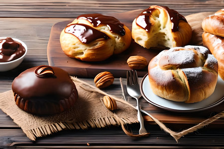 Sweet buns with chocolate glaze on wooden table, closeupの写真素材