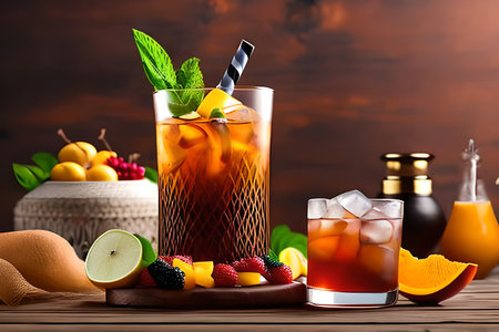 Cuba libre cocktail in a glass with ice and fruits on wooden tableの素材