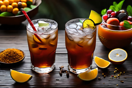 Refreshing summer iced tea with lime, orange and berriesの写真素材