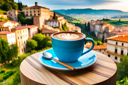 Cup of coffee on a wooden table in the old town of Bergamo, Italyの写真素材