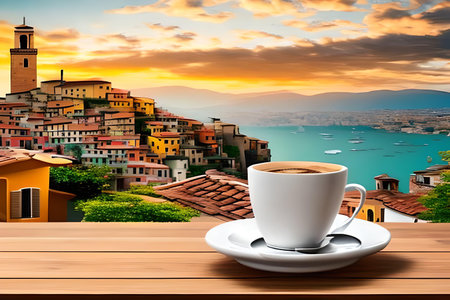 Coffee cup on wooden table with cityscape at the backgroundの写真素材
