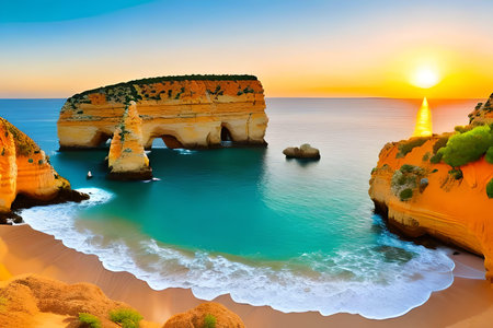 Algarve coast at sunset. Portugal. Algarve region.の写真素材