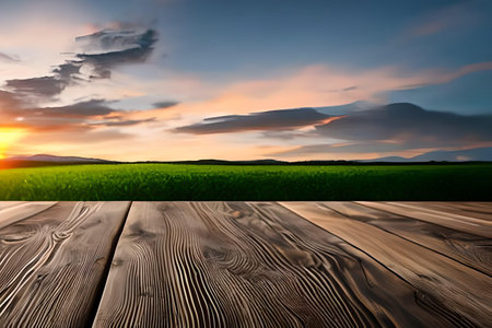 Wooden floor with green field and blue sky at sunset background.の写真素材