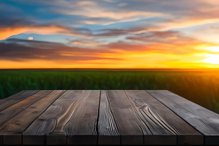 Wooden table top on blurred background of sunset or sunrise landscape.の写真素材