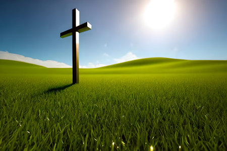 Cross on green meadow with blue sky and sun. 3d renderingの素材