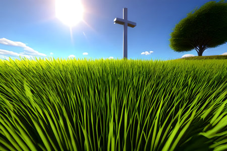Cross on green grass with blue sky background. 3d render.の素材