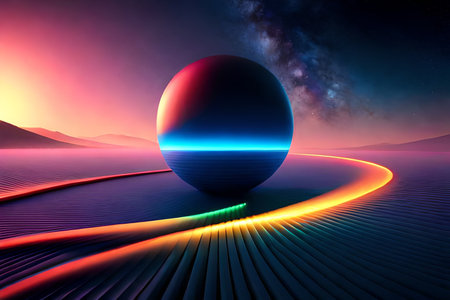 3d render of abstract background with planet in space, neon lightsの写真素材