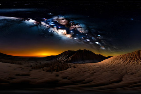 Fantasy alien planet. Mountain and starry sky. 3D illustrationの写真素材
