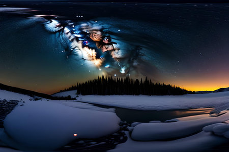 Fantastic starry night sky over the frozen lake. 3d rendering