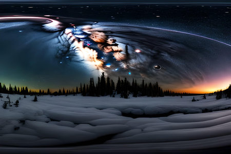 Fantasy landscape with planet and stars. 3D rendering. Computer digital drawing.の写真素材