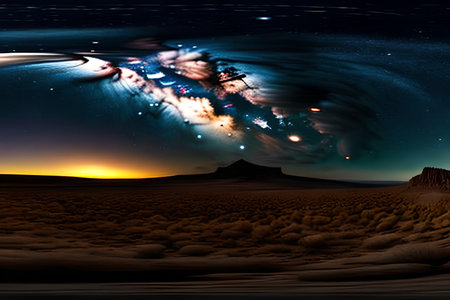Fantasy alien planet. Mountain and starry sky. 3D rendering