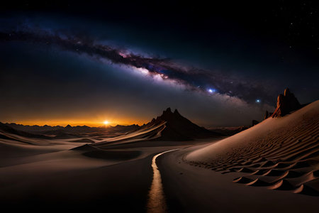 Milky Way over the desert at night. 3d rendering.の素材