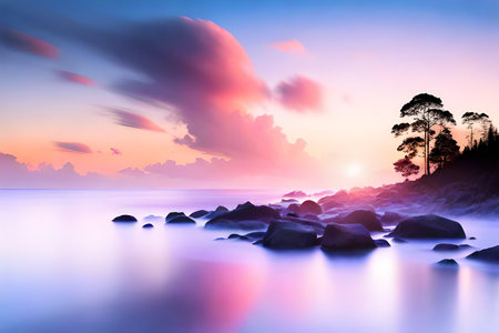 Tropical beach at beautiful sunset. Nature background with copy spaceの素材