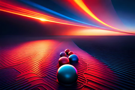 abstract 3d illustration of red and blue spheres on the wavesの素材