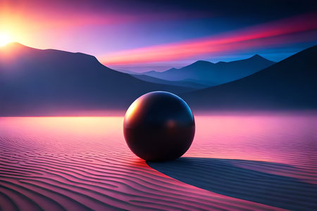 3d render of sphere in the desert with mountains in the backgroundの素材