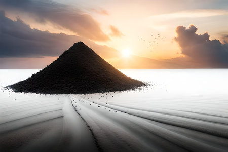 3d illustration of a mountain in the sea with a beautiful sunsetの写真素材