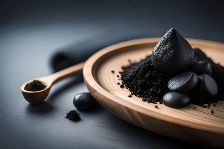 Powdered charcoal in a wooden bowl with black pebbles.の写真素材