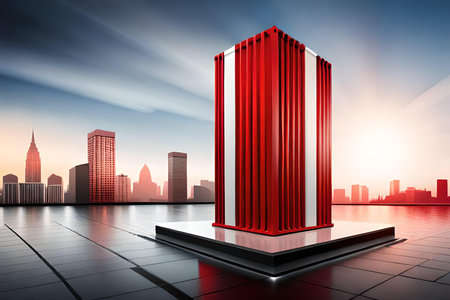 Modern city skyline with tall skyscrapers and red square box.の写真素材