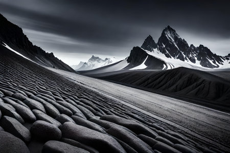 Beautiful landscape with mountains in Iceland. Black and white image.の素材