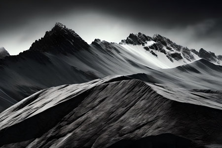 Snowy mountain peaks in the clouds. 3d rendering. Computer digital drawing.の素材