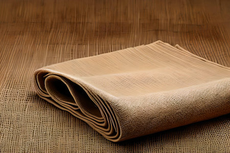 Roll of brown fabric on burlap background. Shallow depth of fieldの素材
