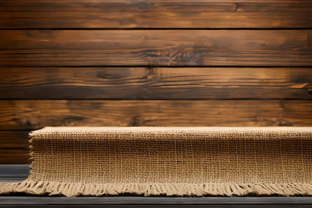 Empty burlap tablecloth on wooden wall background. For product displayの素材