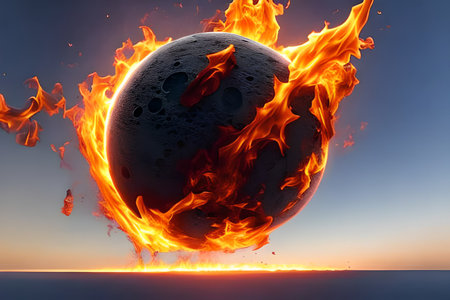 Burning planet on the background of the sea. 3d renderingの素材