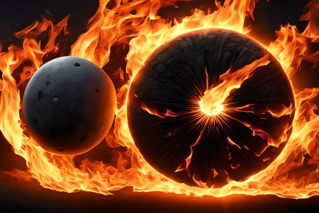 abstract scene with planet in fire on black background - 3d illustrationの素材