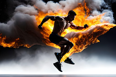 Image of sportsman jumping in fire against black background with lights and smokeの素材