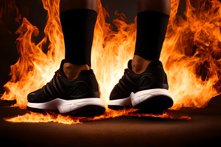 Close-up of female legs in black sports shoes on fire backgroundの素材