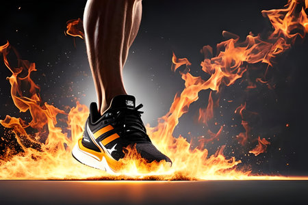 Close up of female legs in sports shoes running on fire against black backgroundの素材