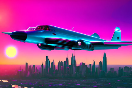 Futuristic aircraft flying over the city at sunset. 3D renderingの素材