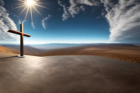 Cross in the desert with dramatic sky. 3d render illustration.の素材