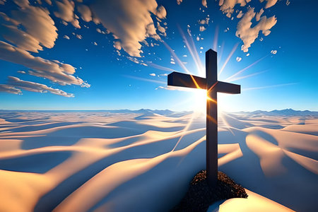 Cross in the desert with clouds and sky. 3D rendered illustration.の素材