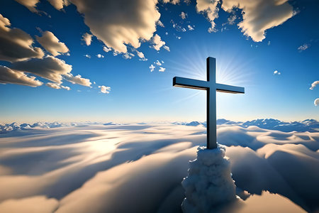 Cross on the clouds with blue sky background. 3D illustration.の素材