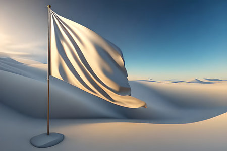 3d rendering of a white flag waving in the wind in the desertの写真素材