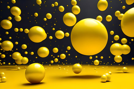 3d render, abstract background with yellow balls, flying in the airの写真素材