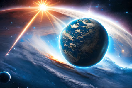 View of the planet Earth from space during a sunrise 3D rendering