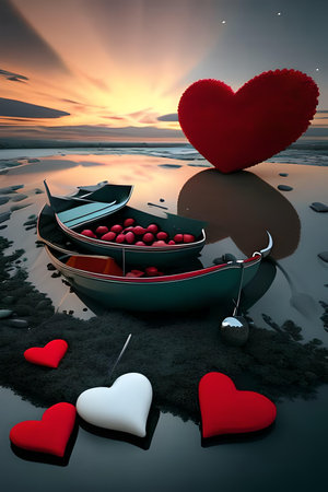 Valentines day background with boat and red hearts on the beachの写真素材
