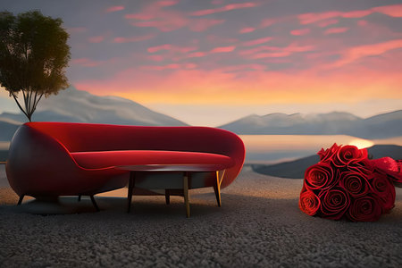 Red armchair in the desert. 3D render. Sunset.の写真素材