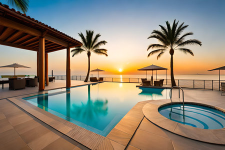 Swimming pool with palm tree at sunset time in luxury hotel resortの素材