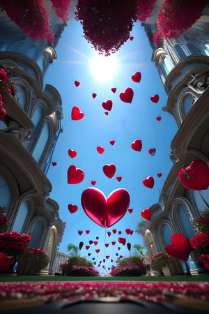 valentines day background with red hearts and archway in the skyの写真素材