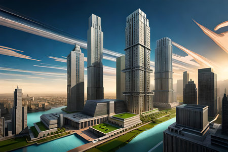 Futuristic city with skyscrapers and high-rise buildings